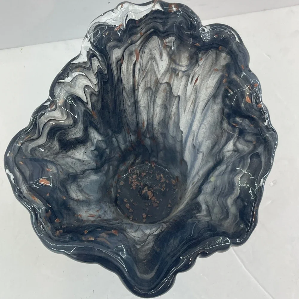 Vintage Murano Style Handkerchief Art Glass Vase Gray‎ Copper Fleck Ruffle